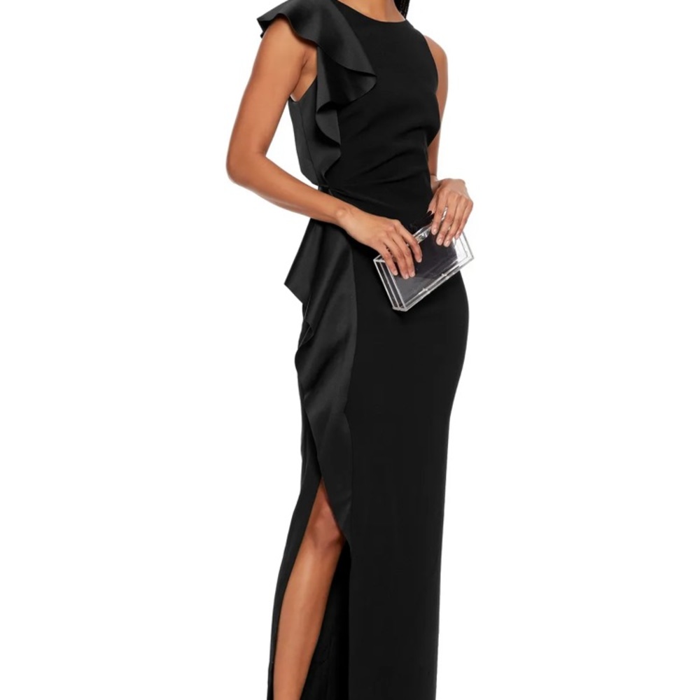HALTSON ruffled satin-trimmed crepe gown